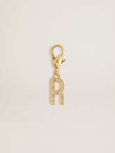 Letter R charm in gold-colored brass with crystals