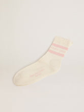 Distressed-finish white socks with baby-pink logo and stripes
