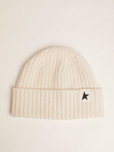 White wool beanie with black star