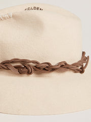 Parchment-colored fedora hat with leather band