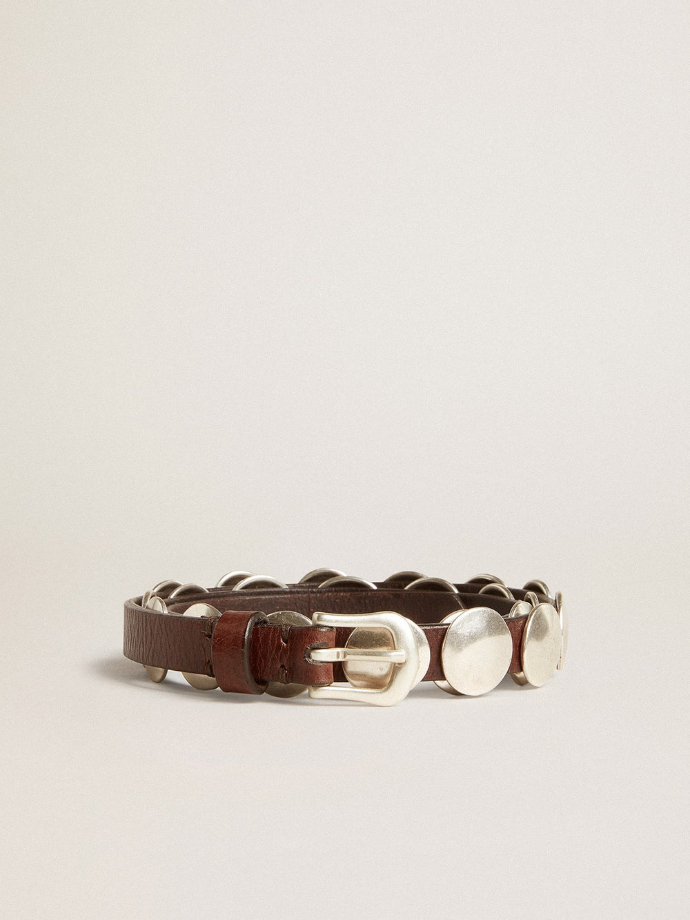 Trinidad thin belt in dark brown leather with silver studs