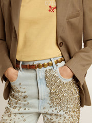 Trinidad thin belt in dark brown leather with silver studs