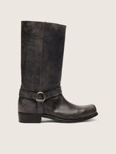 Women's high Biker boots in black leather with strap and silver-colored buckle