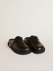 Women's Lucy Sabot in glossy black leather with gold metal buckle