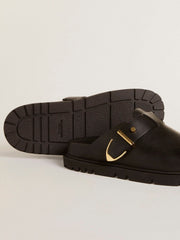 Women's Lucy Sabot in glossy black leather with gold metal buckle