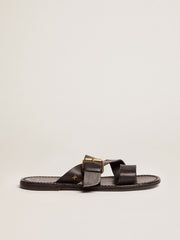 Black leather flat sandals with buckle Margaret | Golden Goose