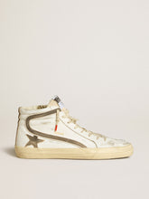 Men’s Slide LAB in white leather with star and flash in brown suede