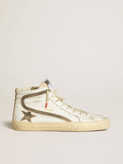 Men’s Slide LAB in white leather with star and flash in brown suede