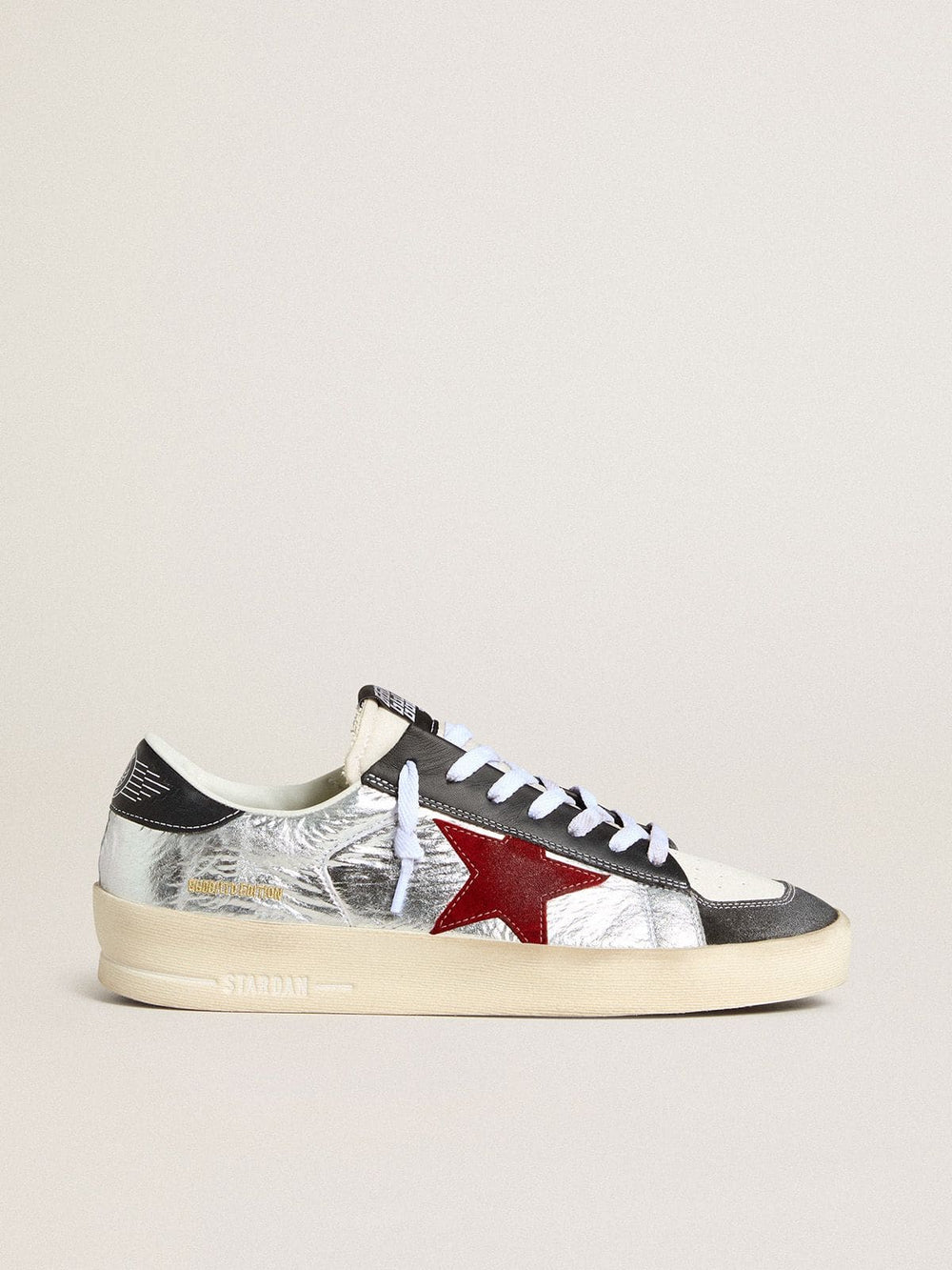 Men’s Stardan in laminated silver nylon with burgundy suede star