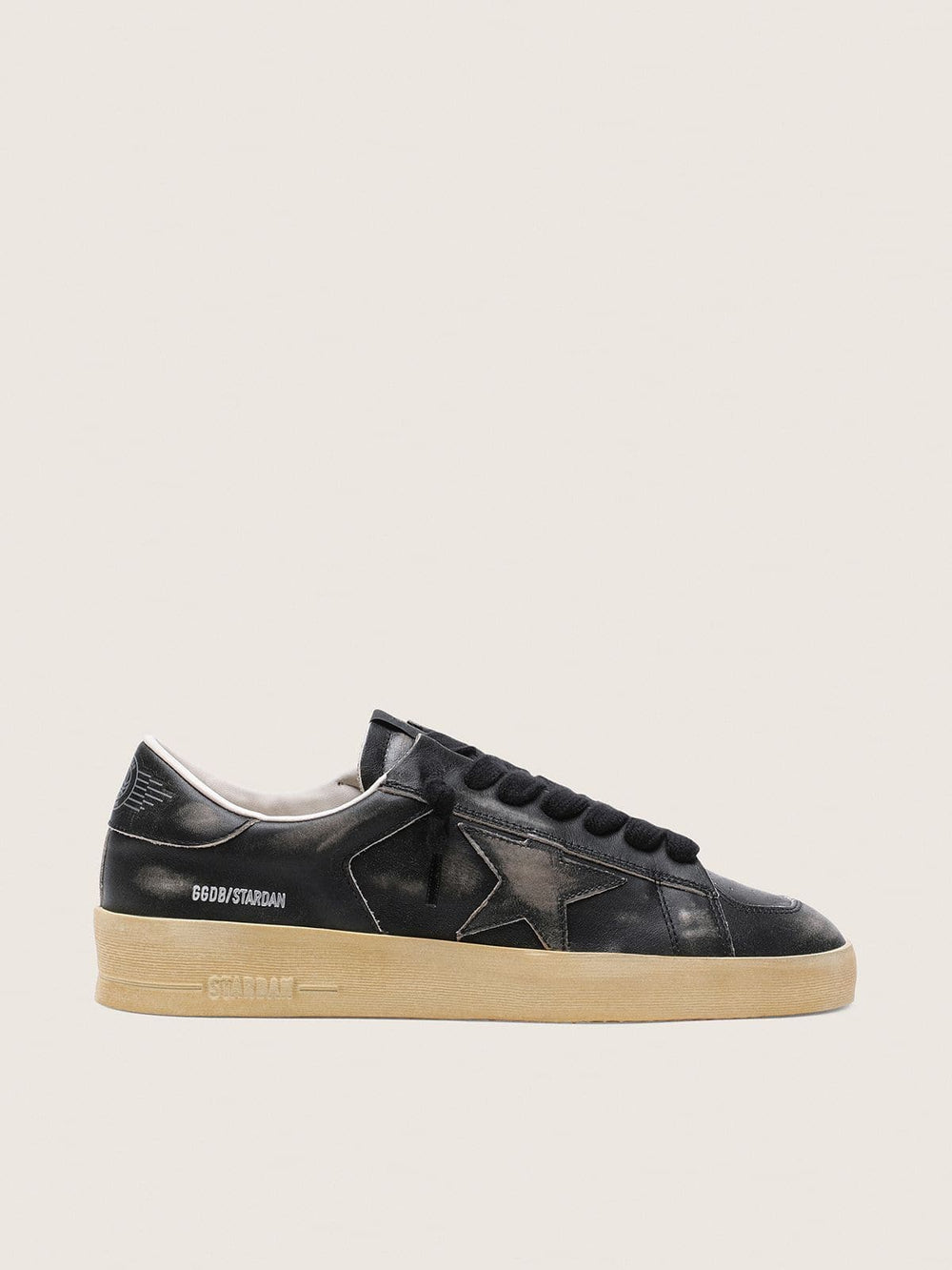 Men's Stardan in black leather with black leather star and heel tab