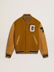 Ochre yellow wool bomber jacket with leather sleeves