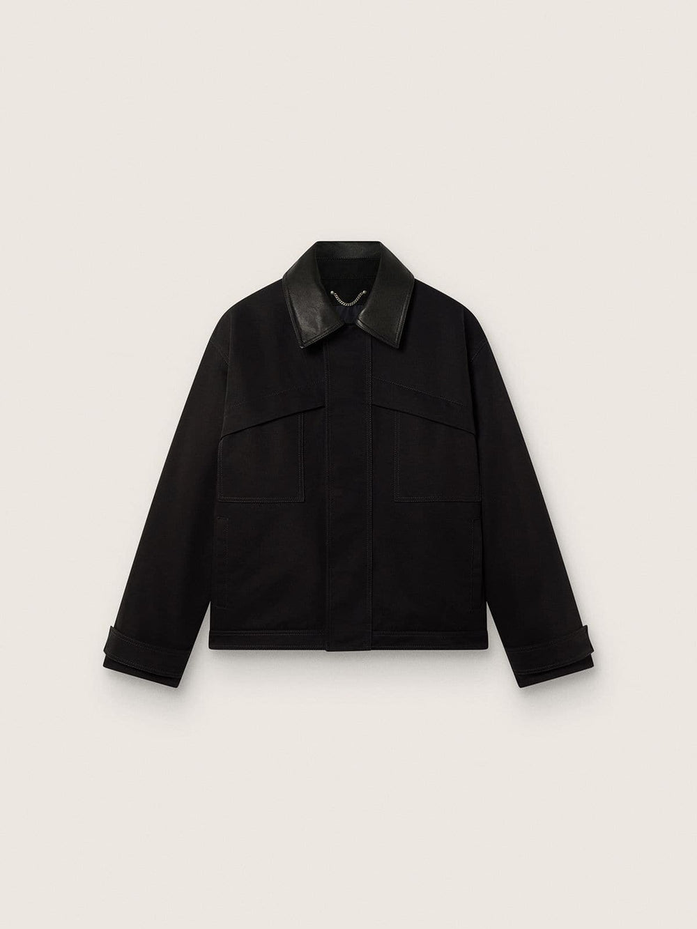 Men's short padded jacket in black cotton with leather collar