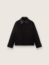 Men's short padded jacket in black cotton with leather collar