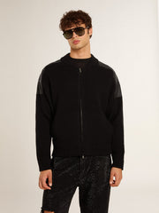 Men's black merino wool jacket with leather patches