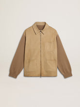 Men's jacket in travertine-colored nubuck leather with wool-blend sleeves and back