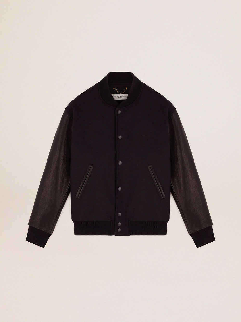 Men’s bomber jacker in blue wool and black leather | Golden Goose
