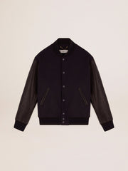 Men’s bomber jacker in blue wool and black leather | Golden Goose