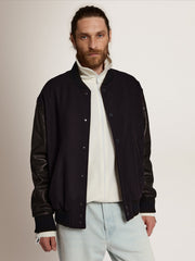Men’s bomber jacker in blue wool and black leather | Golden Goose