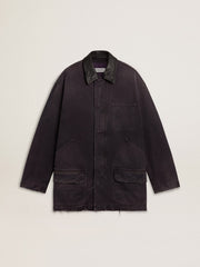 Men's denim jacket with distressed details and leather collar