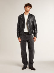 Men’s black leather biker jacket with glossy effect