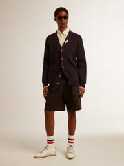Golden Collection cardigan in dark blue cotton with a distressed finish