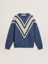 Men's light blue jacquard wool sweater with cream-colored pattern