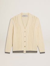 Men's white cotton cardigan with a cable pattern and blue ribbing