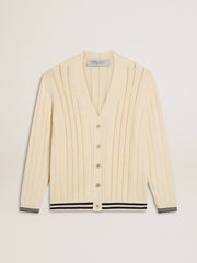 Men's white cotton cardigan with a cable pattern and blue ribbing