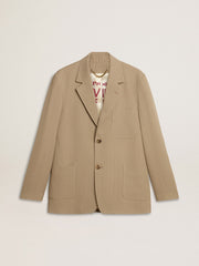 Men's beige pinstripe single-breasted jacket with an oversized fit