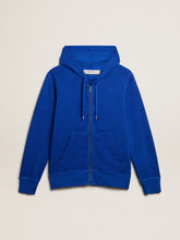 Men's blue-colored hoodie with lettering on the back
