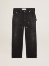Men's distressed black cotton jeans with front patches