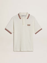 Men's polo shirt in white perforated knit with burgundy striped details