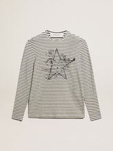 Men's T-shirt with white and blue stripes and embroidery on the front