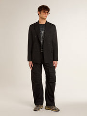 Men’s worn-black cotton T-shirt with print on the front