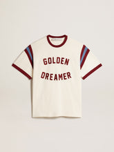 Men’s white T-shirt with burgundy lettering on the front