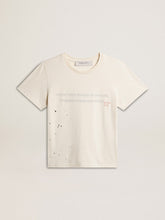 Men's T-shirt in aged white cotton with print and embroidery
