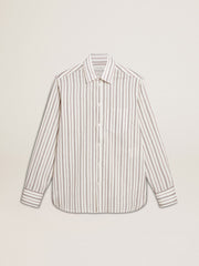 Men's white cotton shirt with fine burgundy stripes