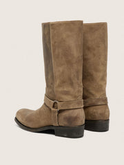 Men's high Biker boots in dark beige waxed suede with strap and a silver-colored buckle