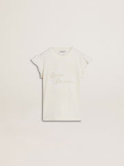 Girls' T-shirt with ruffled sleeves with lettering and embroidery