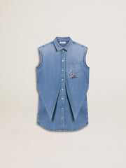 Girls' denim dress with front knot and embroidery