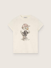 Journey T-shirt for girls in white cotton jersey with digital mascot print and crystal appliqués