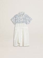 Girls’ shirt dress in white cotton canvas with a blue nautical print and white piping