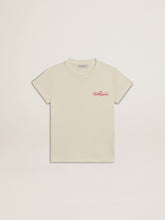 Girls' cotton T-shirt in worn white with red embroidery on the chest
