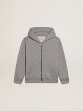 Gray melange hooded sweatshirt with print on the back