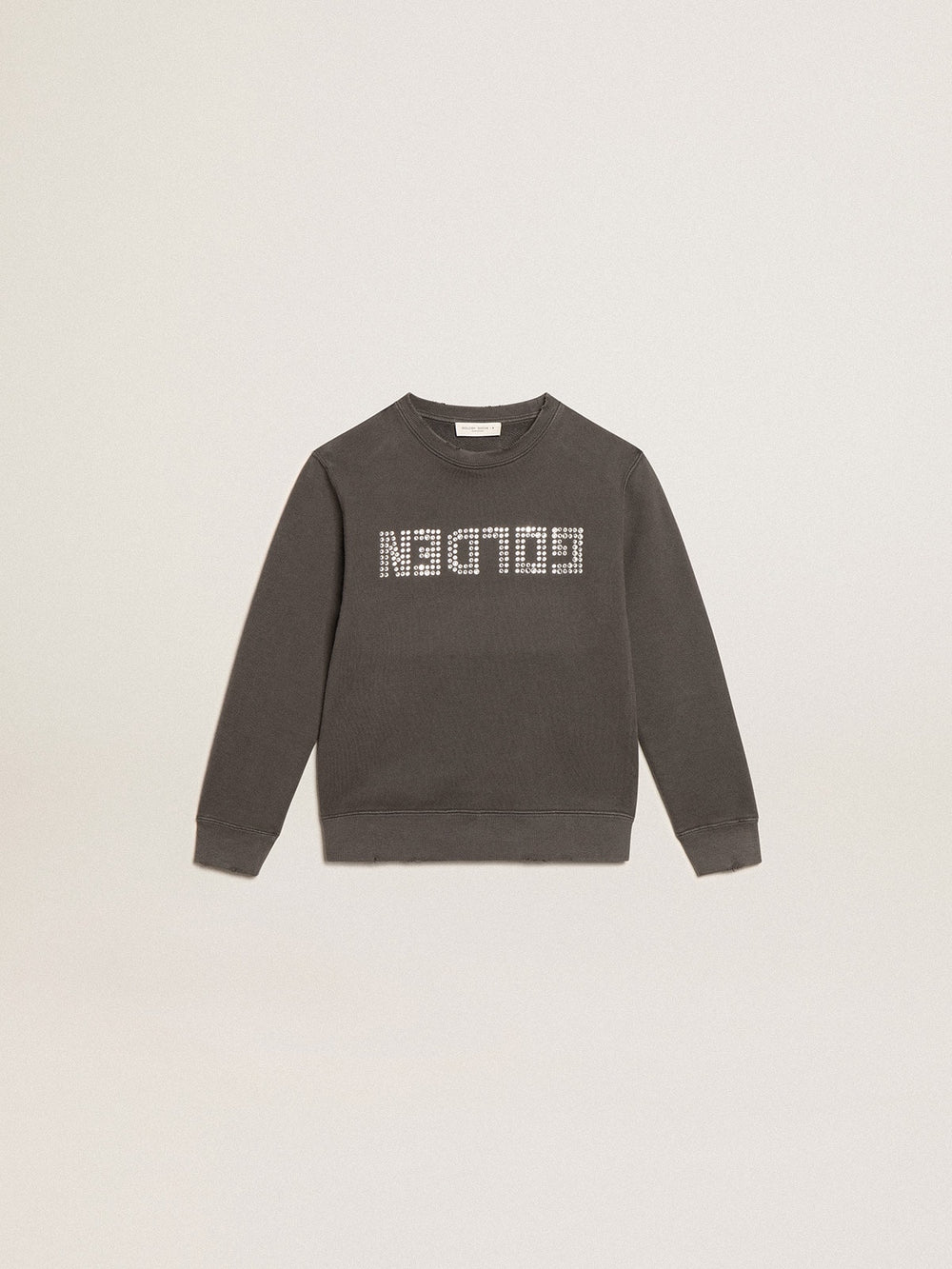 Distressed gray sweatshirt with crystal lettering