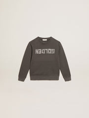 Distressed gray sweatshirt with crystal lettering