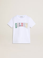 Boys' white T-shirt with multicolored Golden print