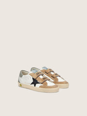 Junior Old School with black leather star and beige and green suede inserts
