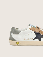 Junior Old School with black leather star and beige and green suede inserts