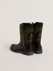 Wish Young boots in black leather with yellow star embroidery